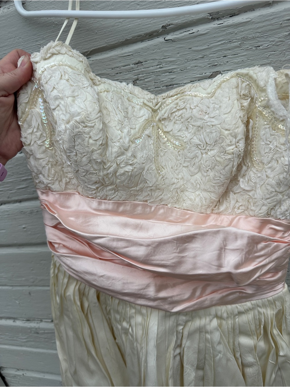 Vintage Ivory Lace Bodice Strapless Dress with Pink Satin Waist - Picture 2 of 10